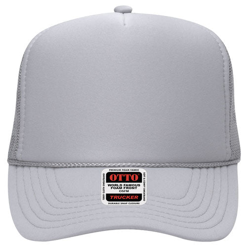 High crown mesh back trucker hat with custom embroidery, grey