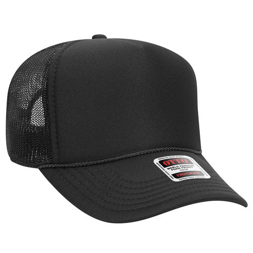 Mid crown mesh back trucker hat with custom embroidery, black