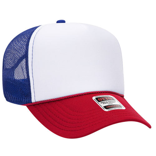 Mid crown mesh back trucker hat with custom embroidery, white, red and blue