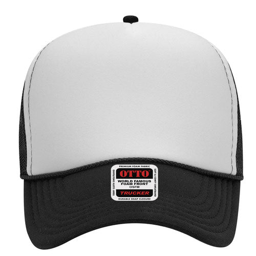 Mid crown mesh back trucker hat with custom embroidery, white and black