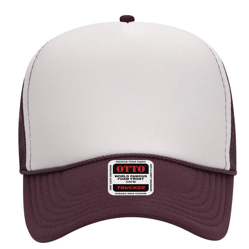 Mid crown mesh back trucker hat with custom embroidery, white and burgundy
