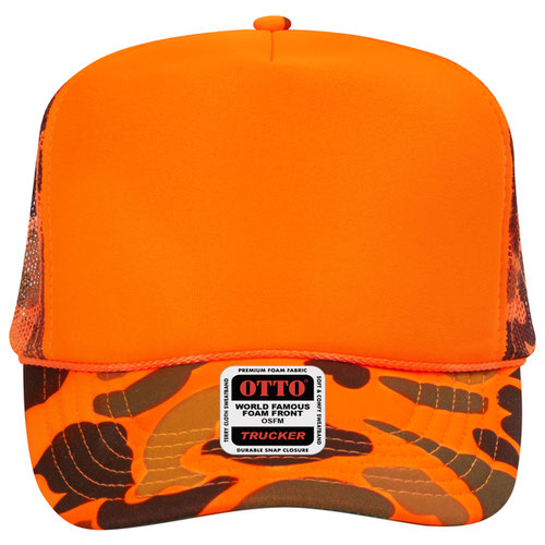 High crown mesh back trucker hat with custom embroidery, orange