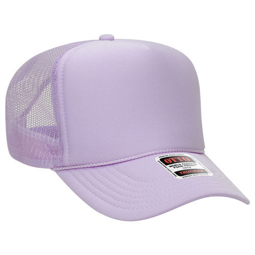 High crown mesh back trucker hat with custom embroidery, light purple