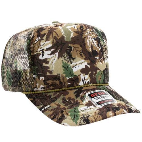High crown mesh back trucker hat with custom embroidery, dark camouflage